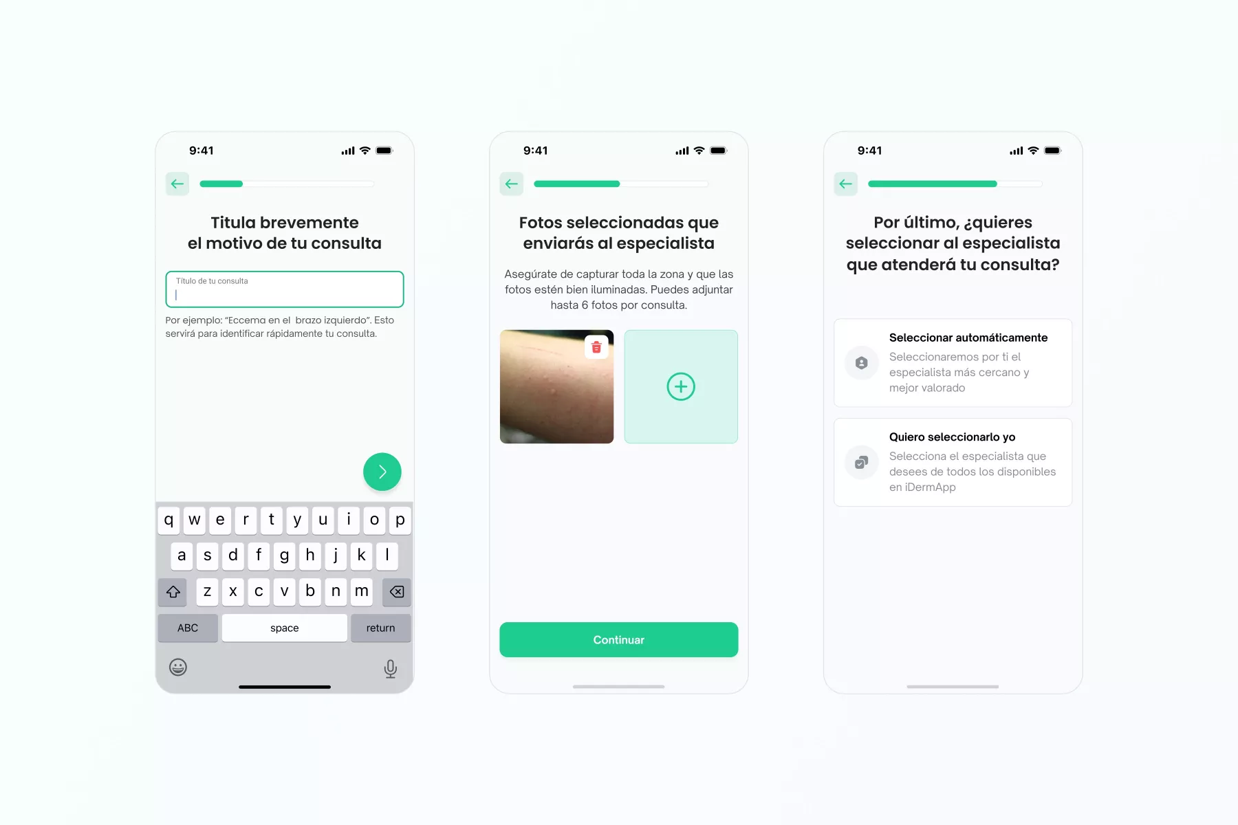 Tres pantallas de flujo de usuario donde se informa al especialista sobre el problema con la piel y se pide cita