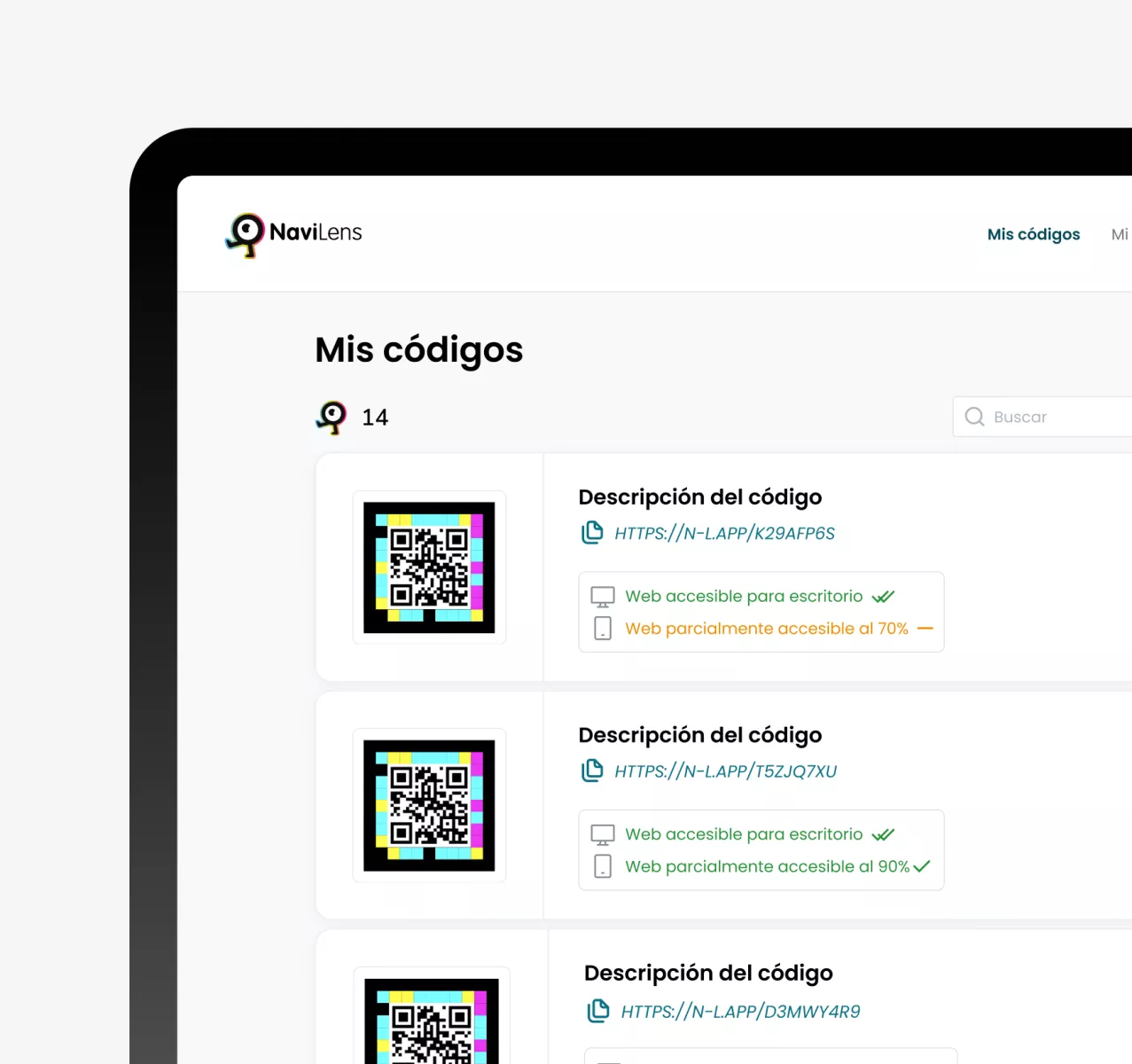Una captura de una esquina de pantalla de un ordenador donde se muestra un listado de códigos QR accesibles NaviLens